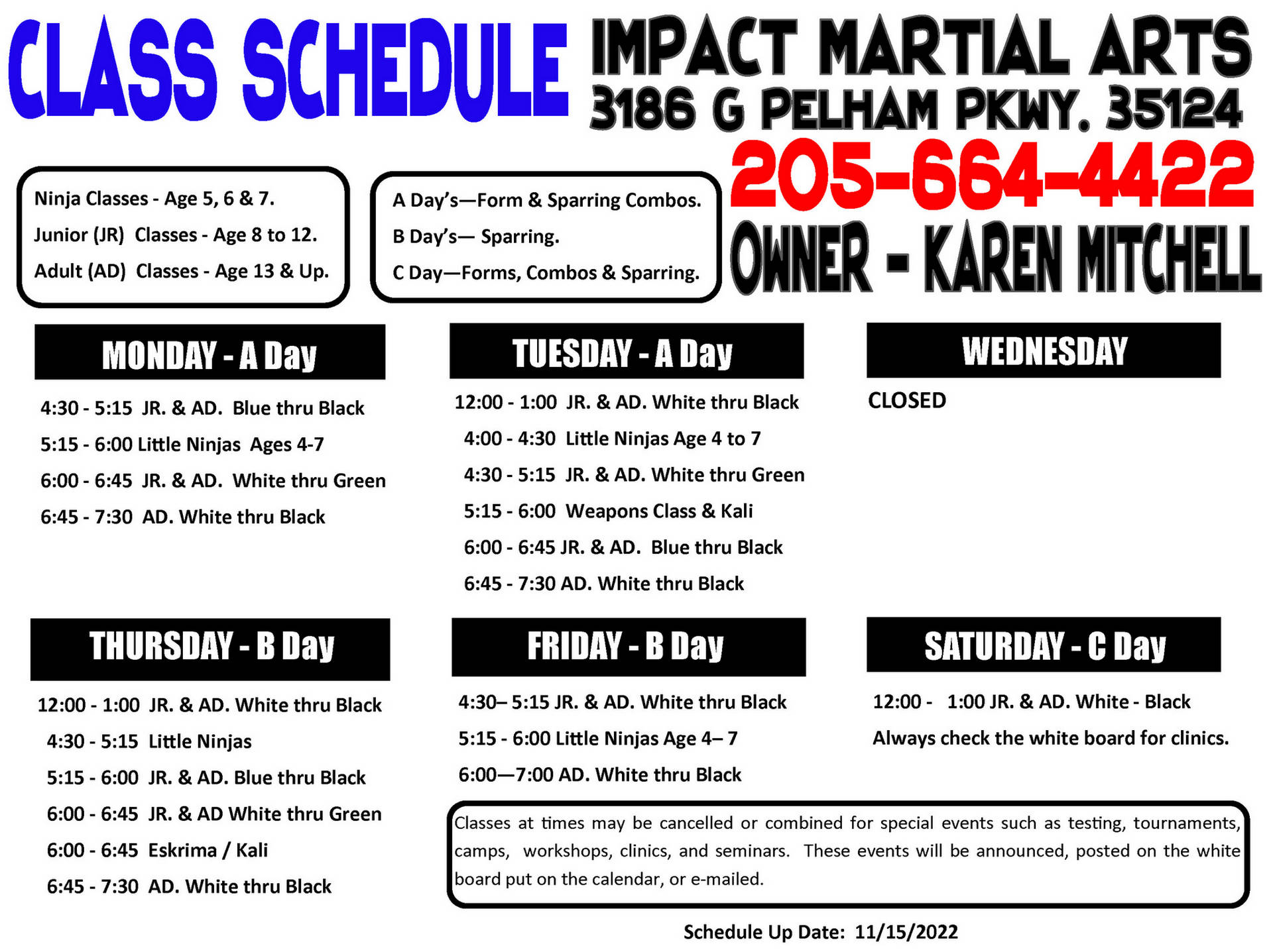 Impact Martial Arts - Pelham, AL - Class Schedule 2018